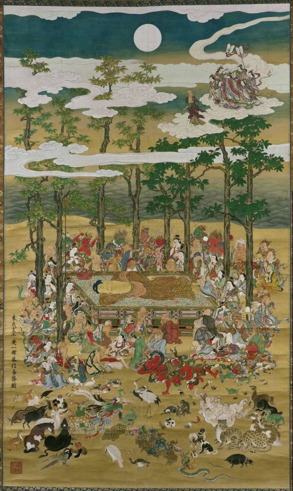 Unidentified artist, Death of the Historical Buddha (Nehan), Kamakura period (1185–1333), 14th century. Kyoto, Japan. Hanging scroll; ink, gold and color on silk. 200.7 x 188.6 cm. Rogers Fund.